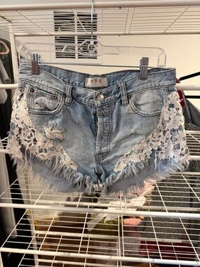 We The Free Washed Light Blue Denim Lace-Trim Cutoff Shorts
